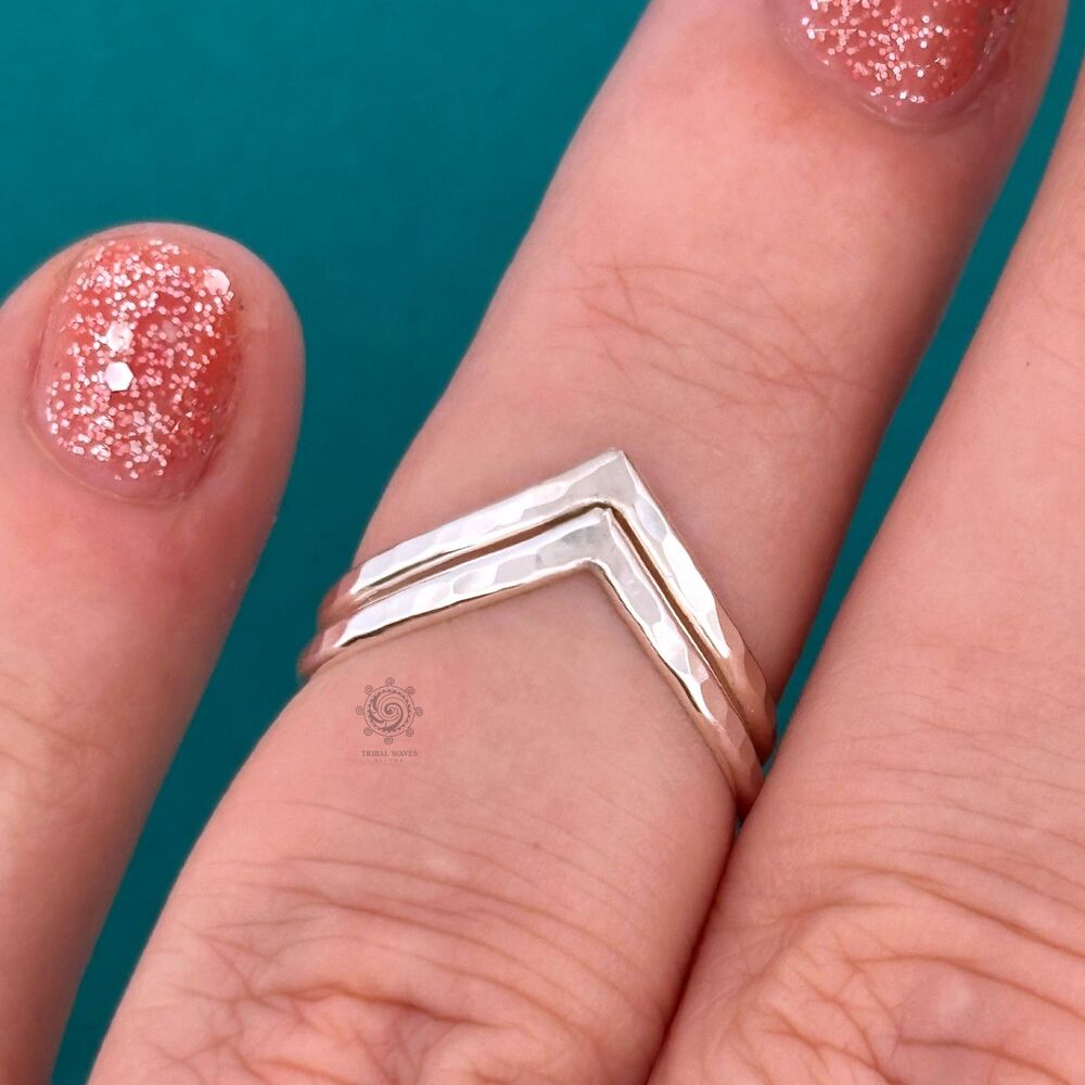 Hammered Double Chevron Sterling Silver Ring Sizes 3 - 5